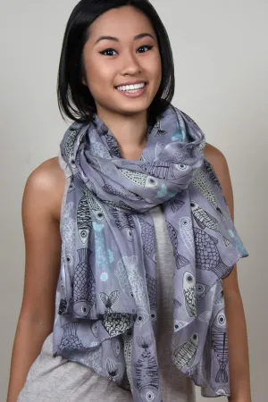 Scarf / Gray Periwinkle Purple / Fish Print / Unisex