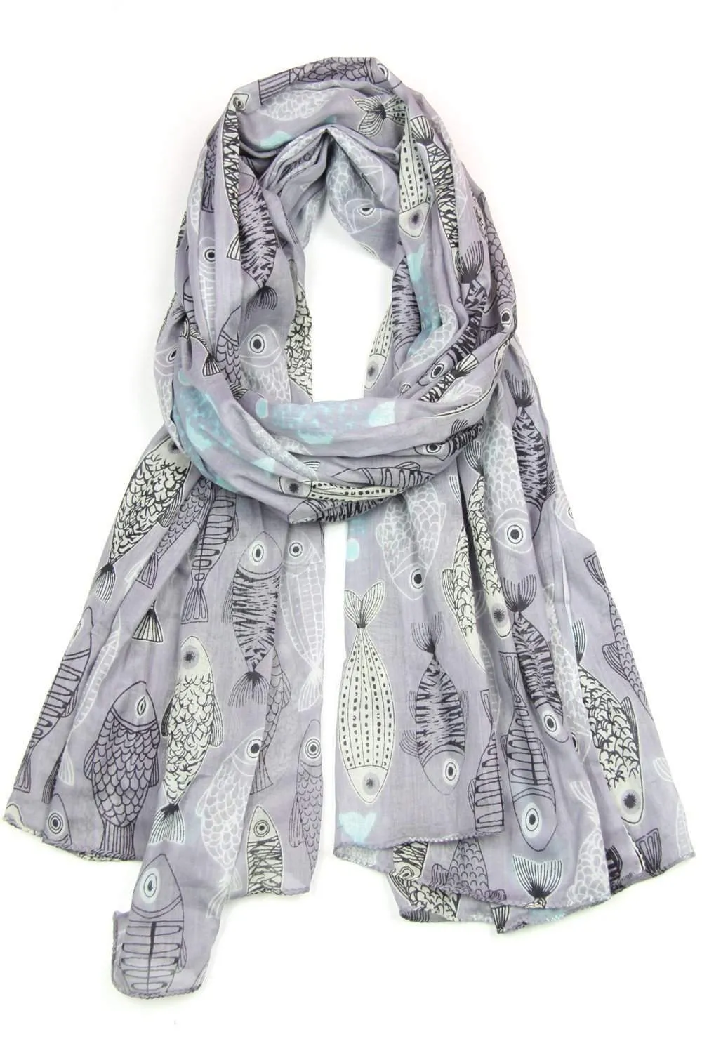 Scarf / Gray Periwinkle Purple / Fish Print / Unisex