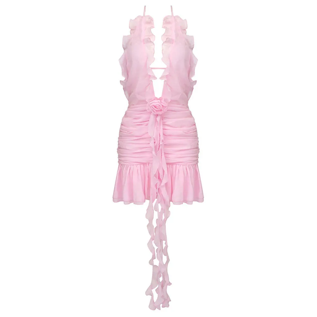 Sexy Ruffle Plunge Halter Neck Draped Rosette Applique Ruched Backless Mini Party Dress