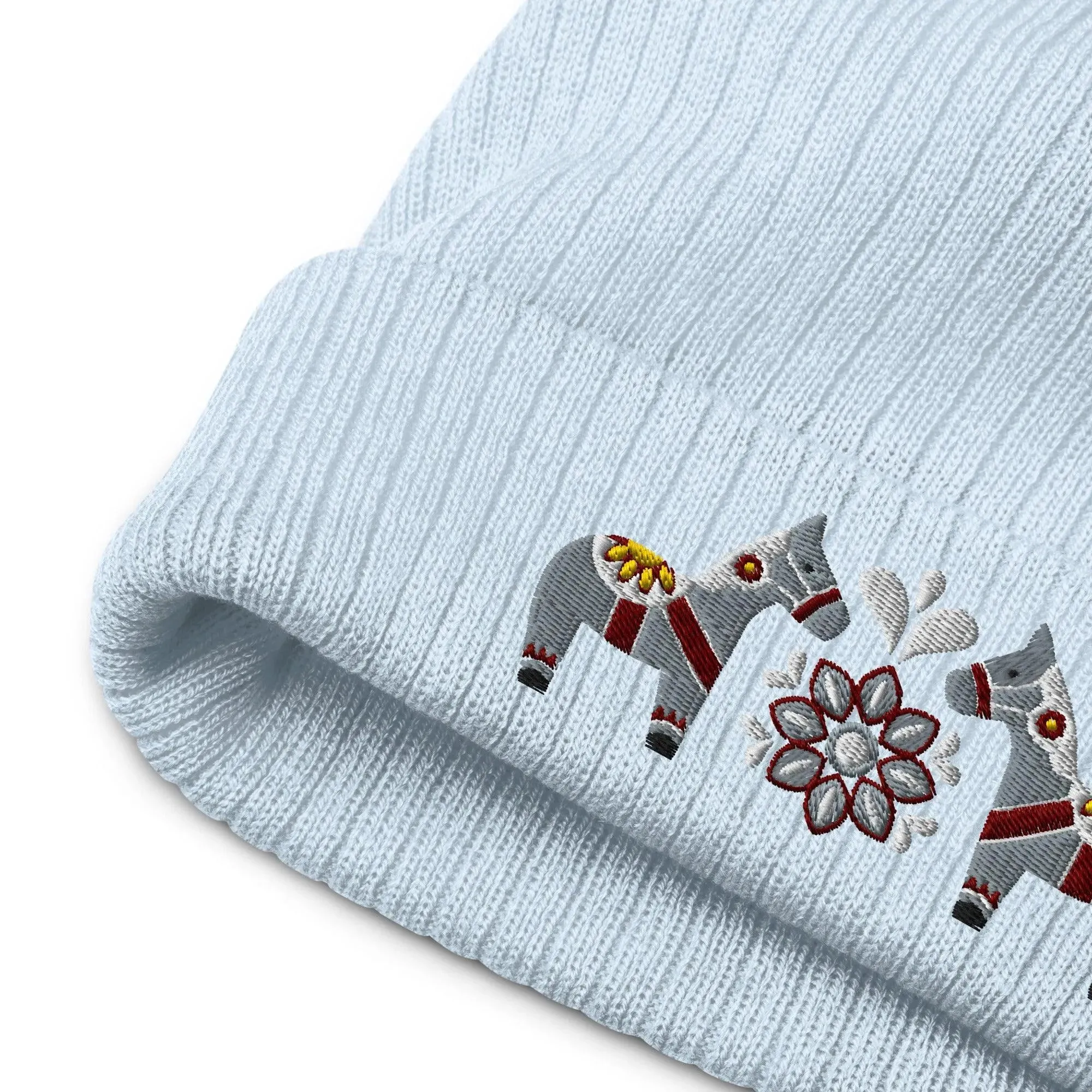 Swedish Dala Horse Embroidered Beanie - Gray