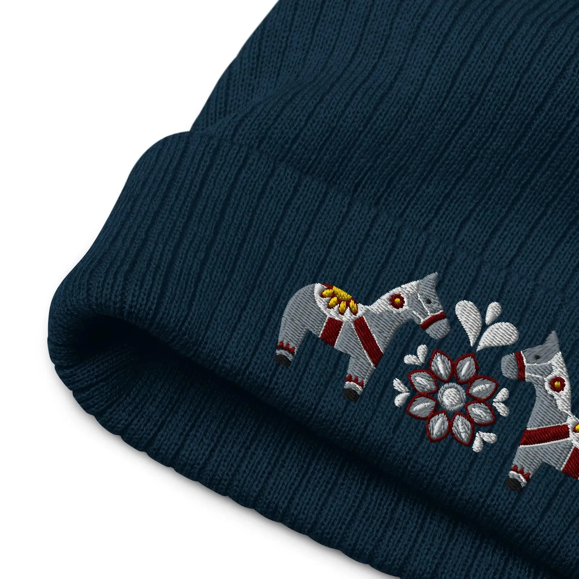 Swedish Dala Horse Embroidered Beanie - Gray