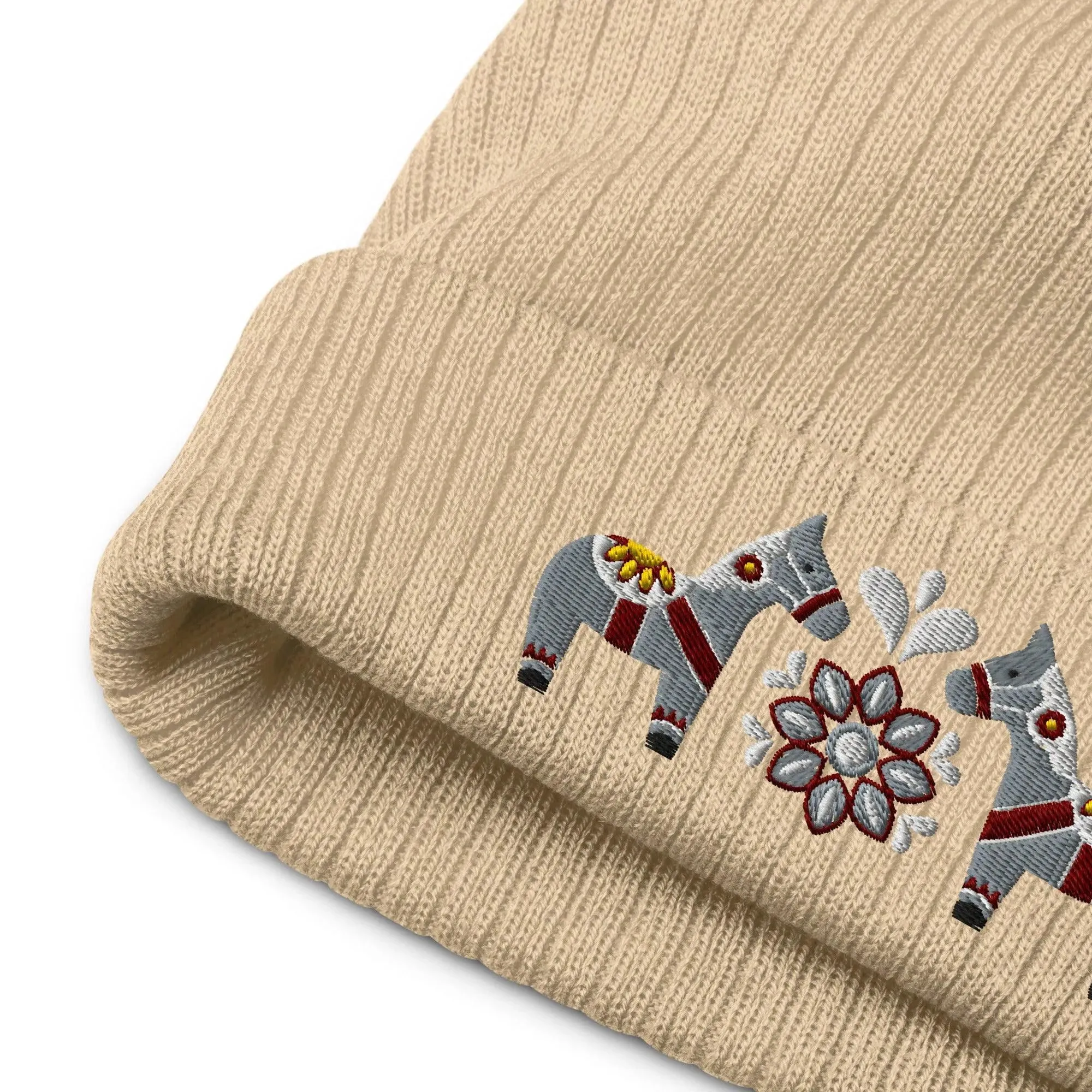 Swedish Dala Horse Embroidered Beanie - Gray
