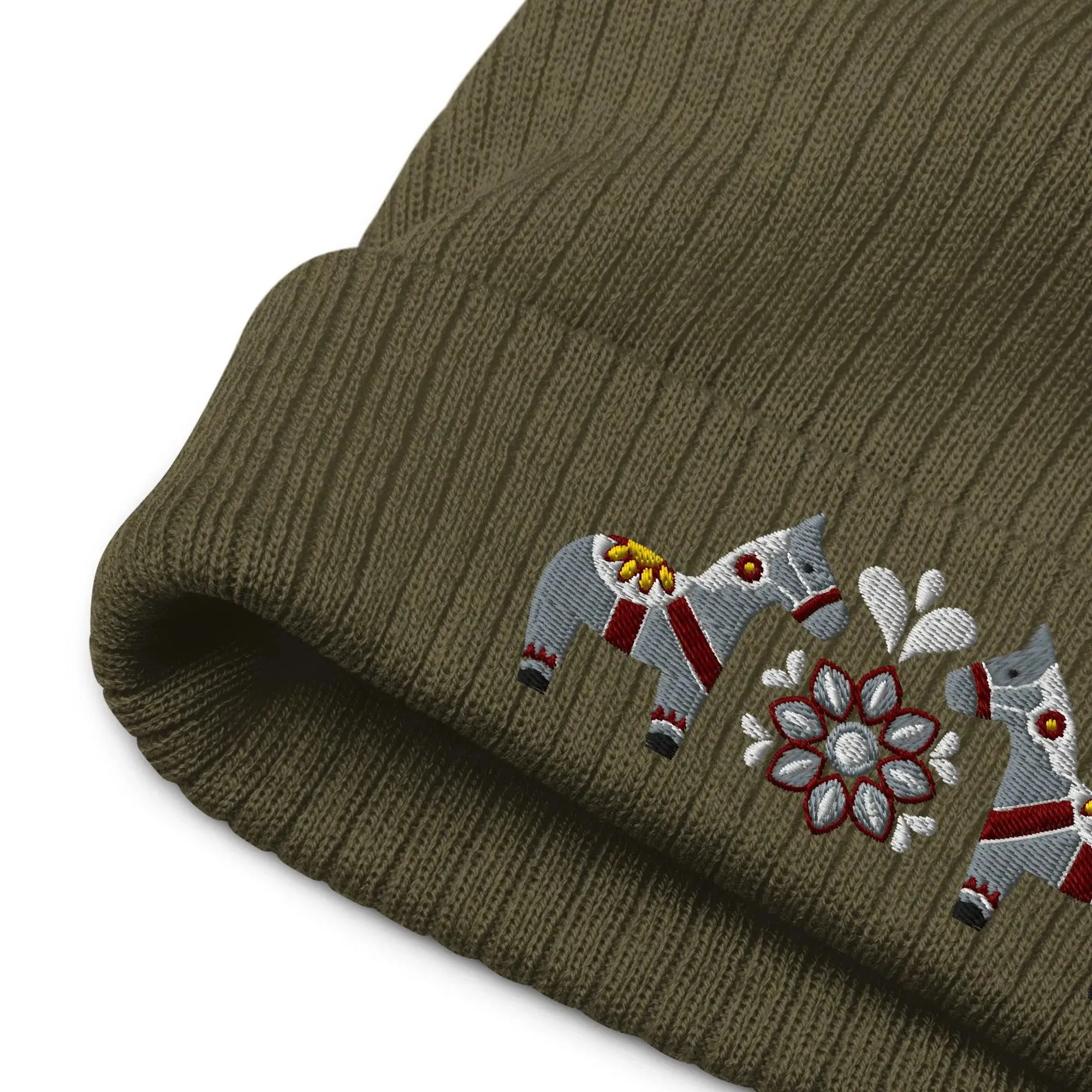 Swedish Dala Horse Embroidered Beanie - Gray