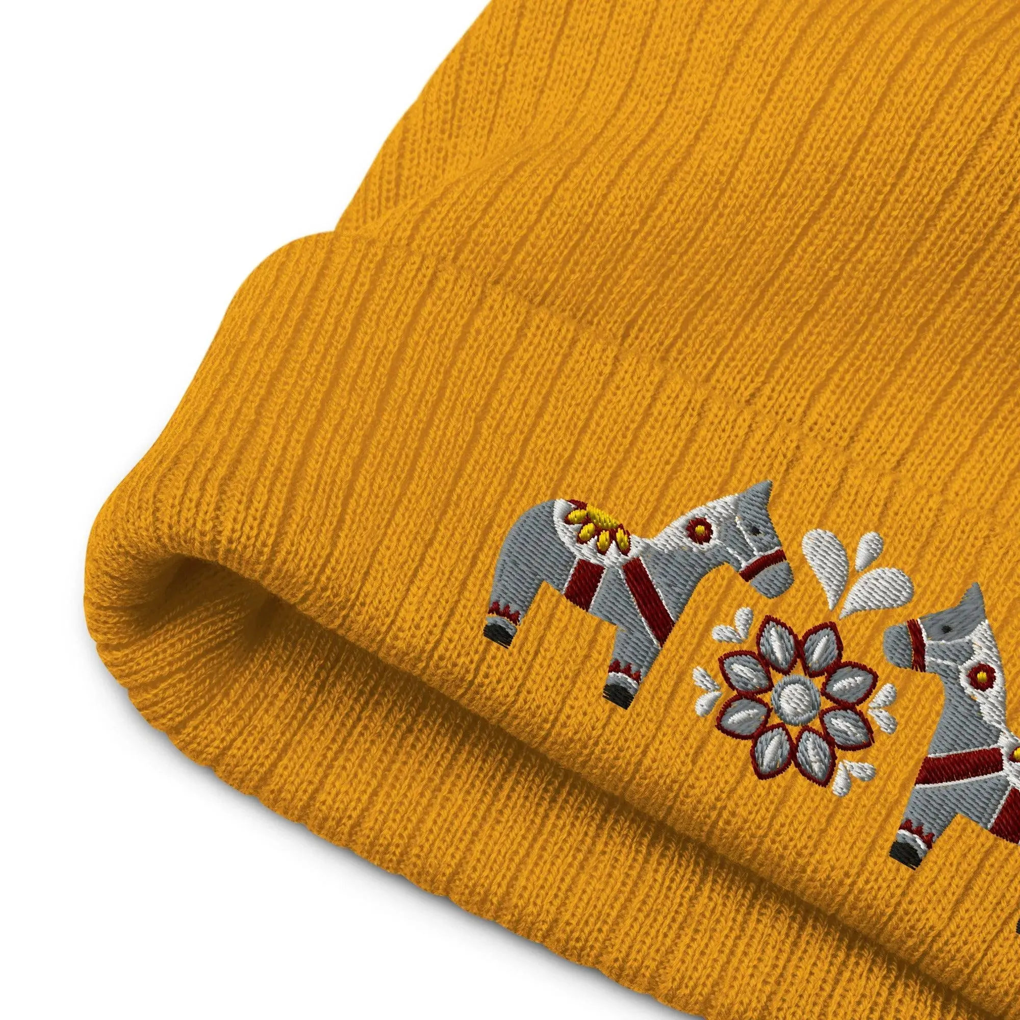 Swedish Dala Horse Embroidered Beanie - Gray