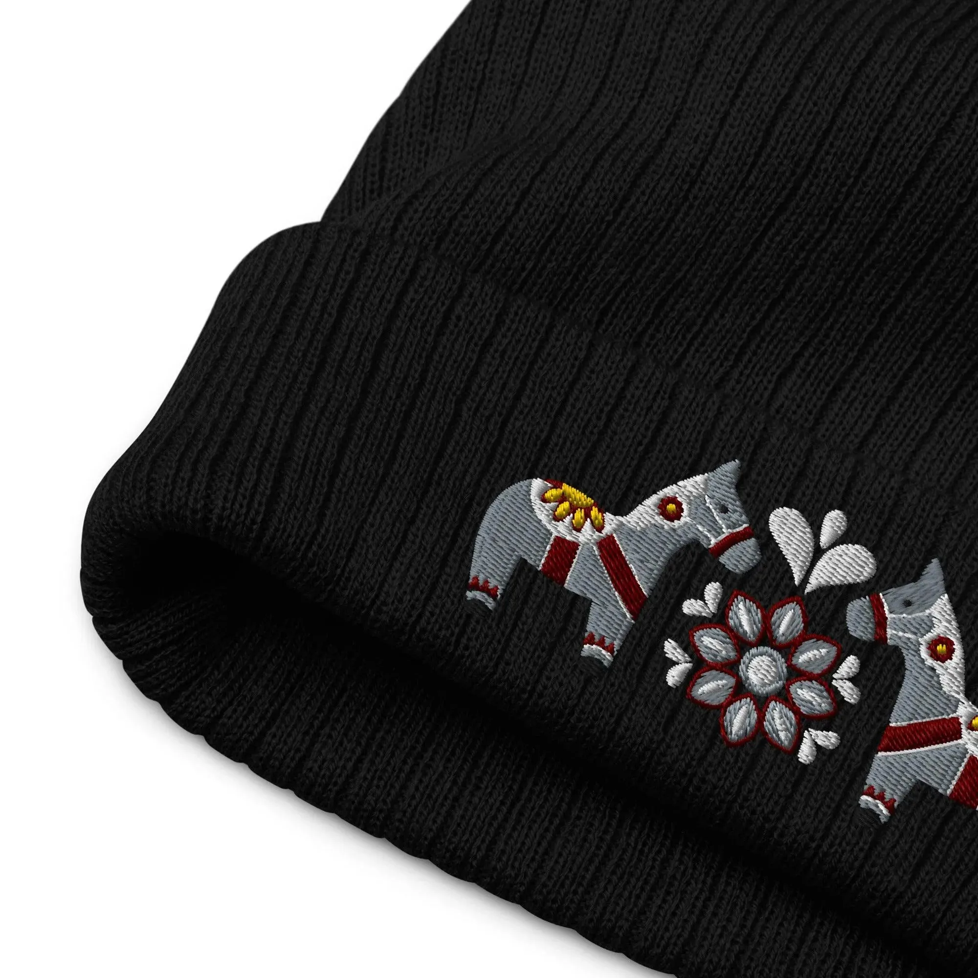 Swedish Dala Horse Embroidered Beanie - Gray