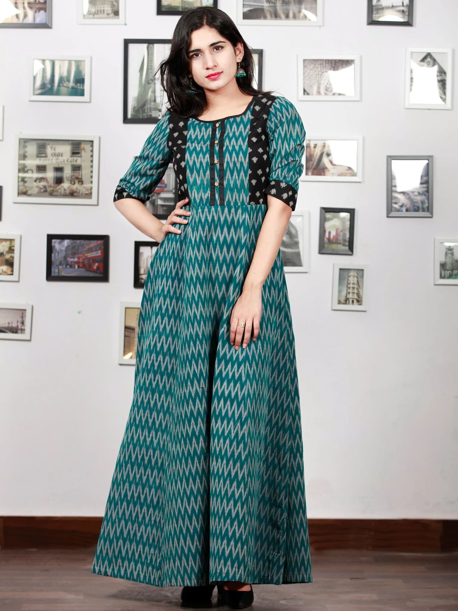 Teal Green Black Grey Handloom Mercerised Ikat Long Cotton Dress With Princess Cut - D279F1421