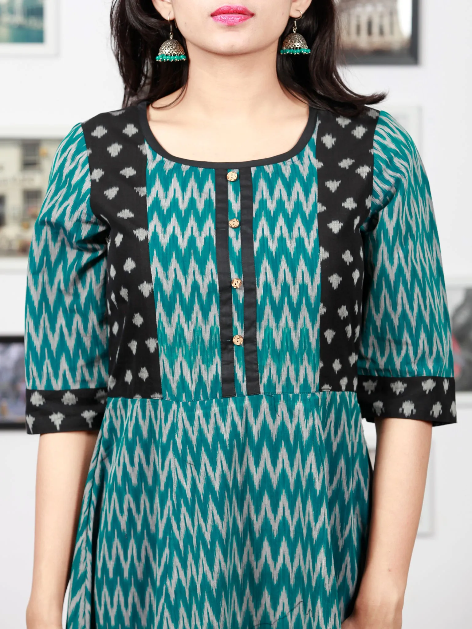 Teal Green Black Grey Handloom Mercerised Ikat Long Cotton Dress With Princess Cut - D279F1421