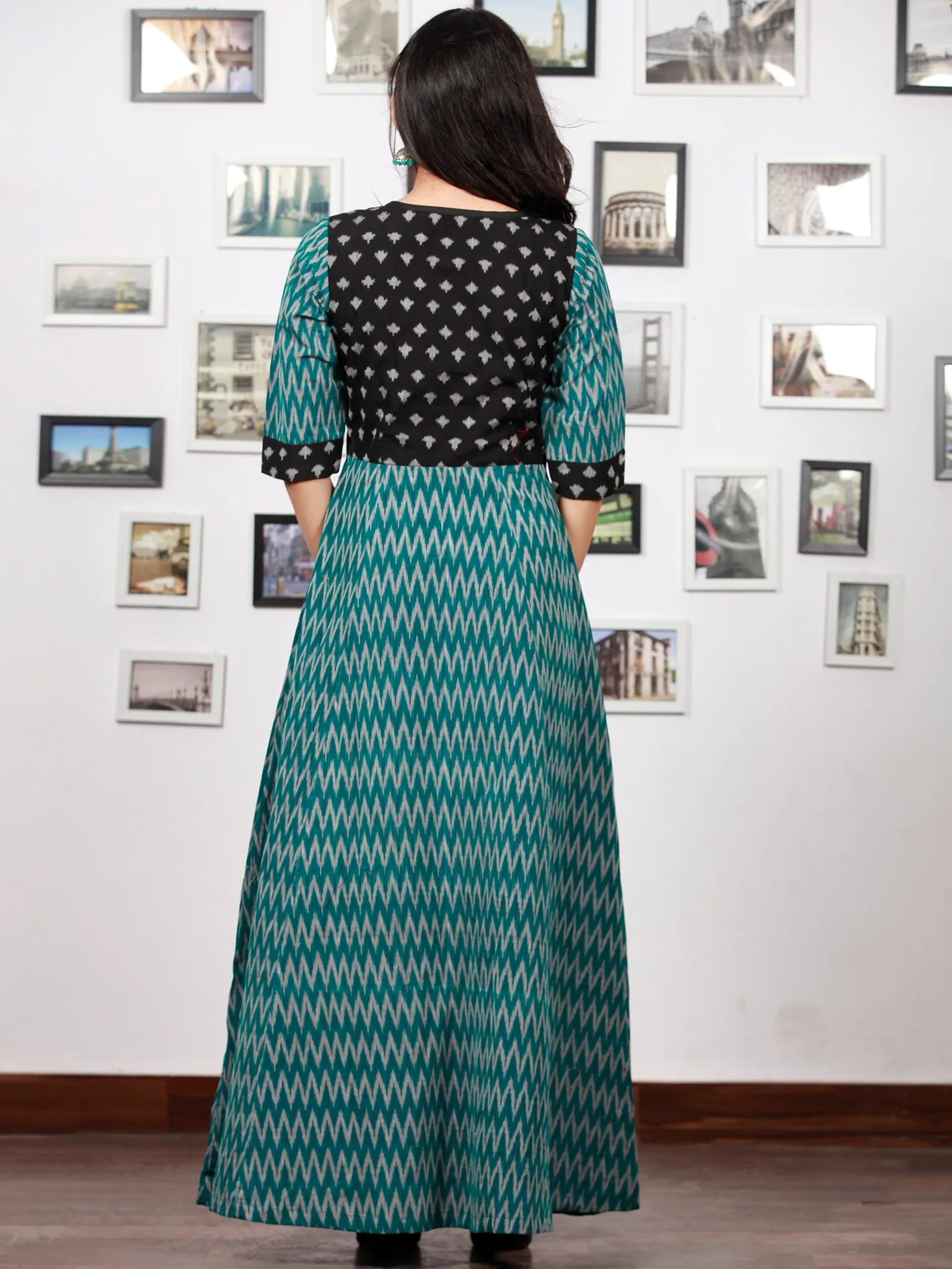 Teal Green Black Grey Handloom Mercerised Ikat Long Cotton Dress With Princess Cut - D279F1421