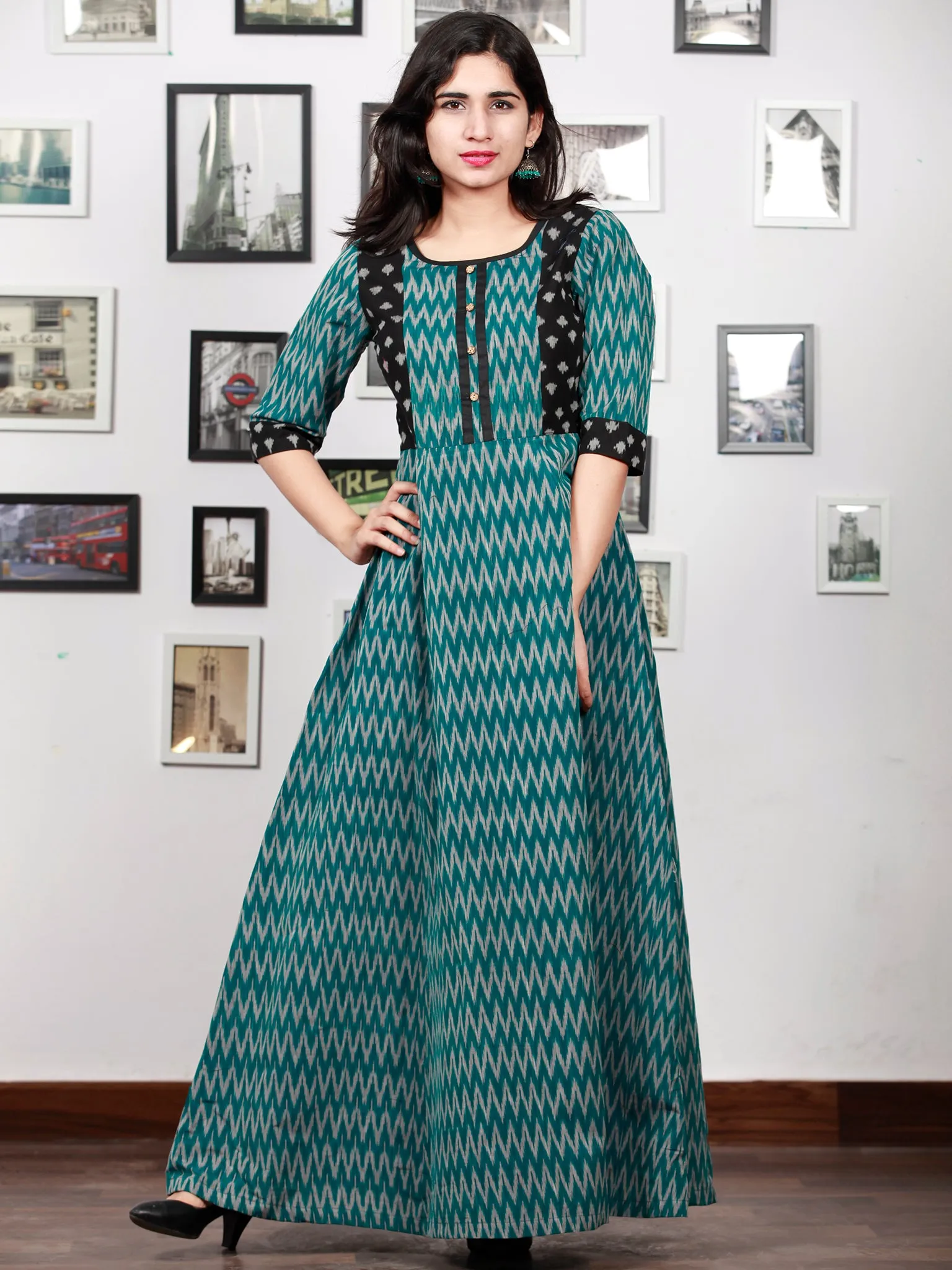 Teal Green Black Grey Handloom Mercerised Ikat Long Cotton Dress With Princess Cut - D279F1421
