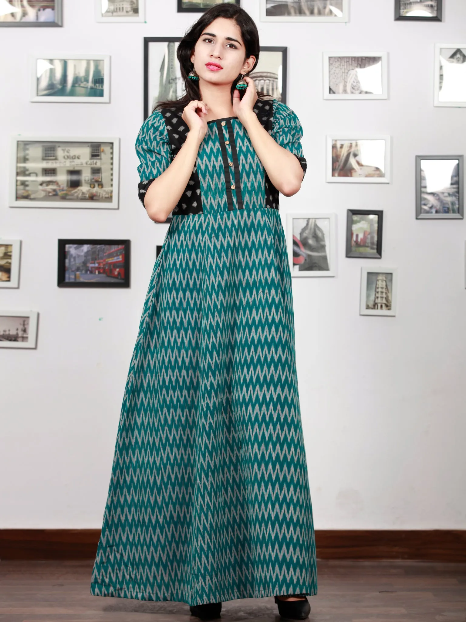 Teal Green Black Grey Handloom Mercerised Ikat Long Cotton Dress With Princess Cut - D279F1421