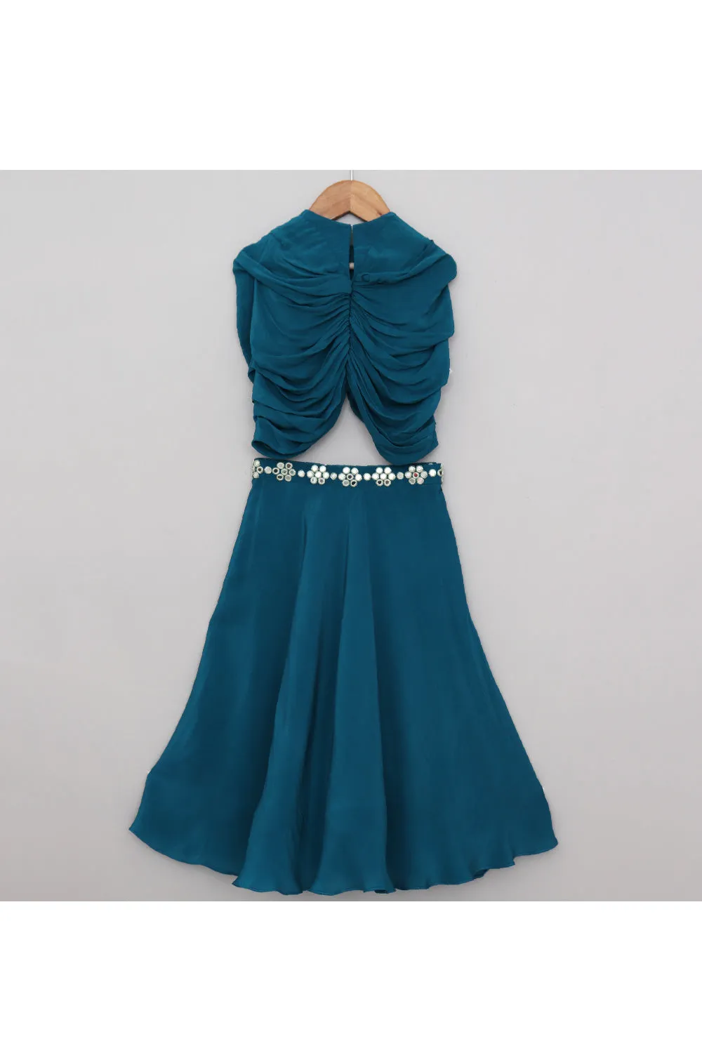 Turquoise Blue Mirror Embroidered Top With Skirt Set