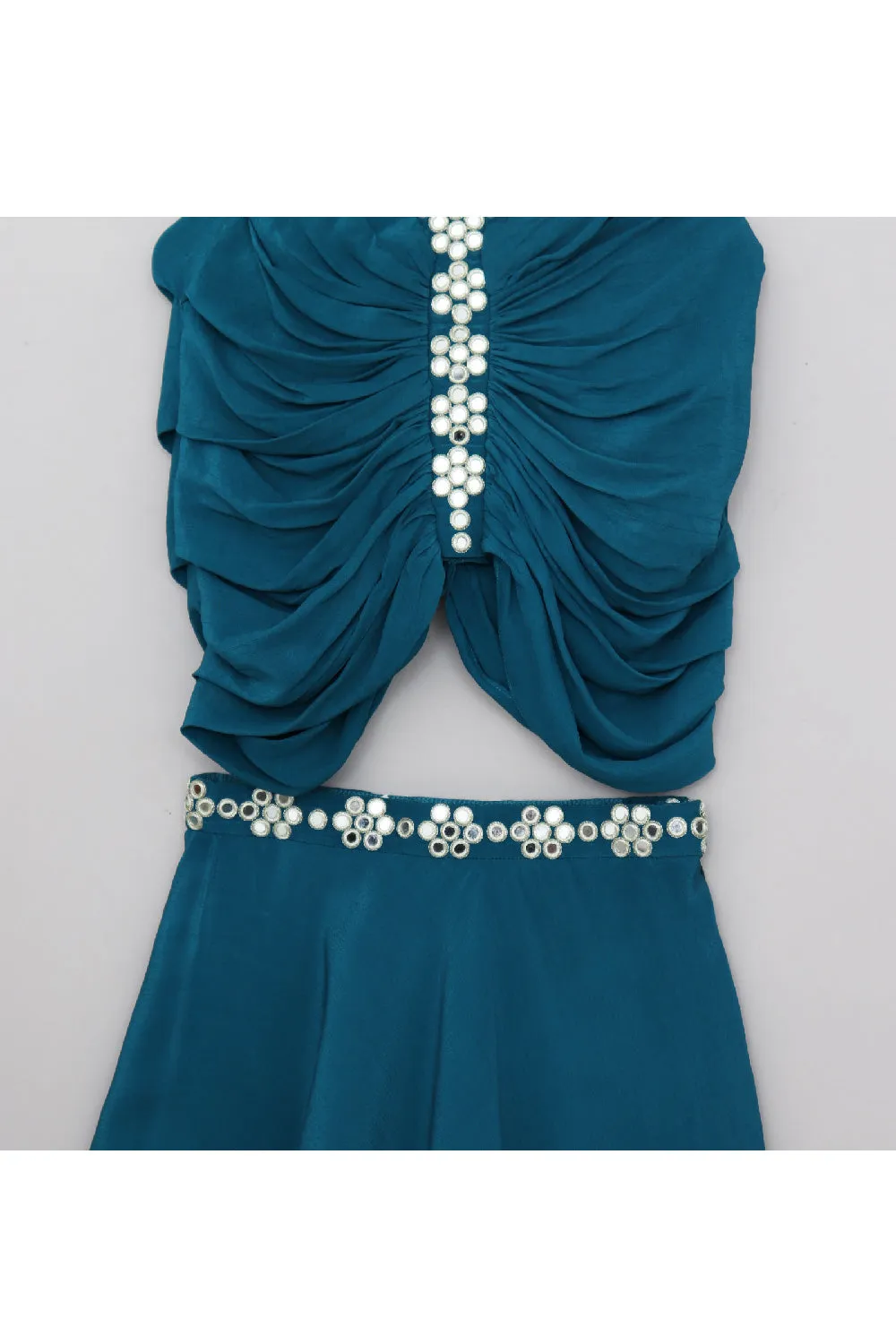 Turquoise Blue Mirror Embroidered Top With Skirt Set