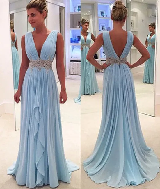 V Neck And V Back Sky Blue Prom Dresses, V Neck Sky Blue Formal Dresses