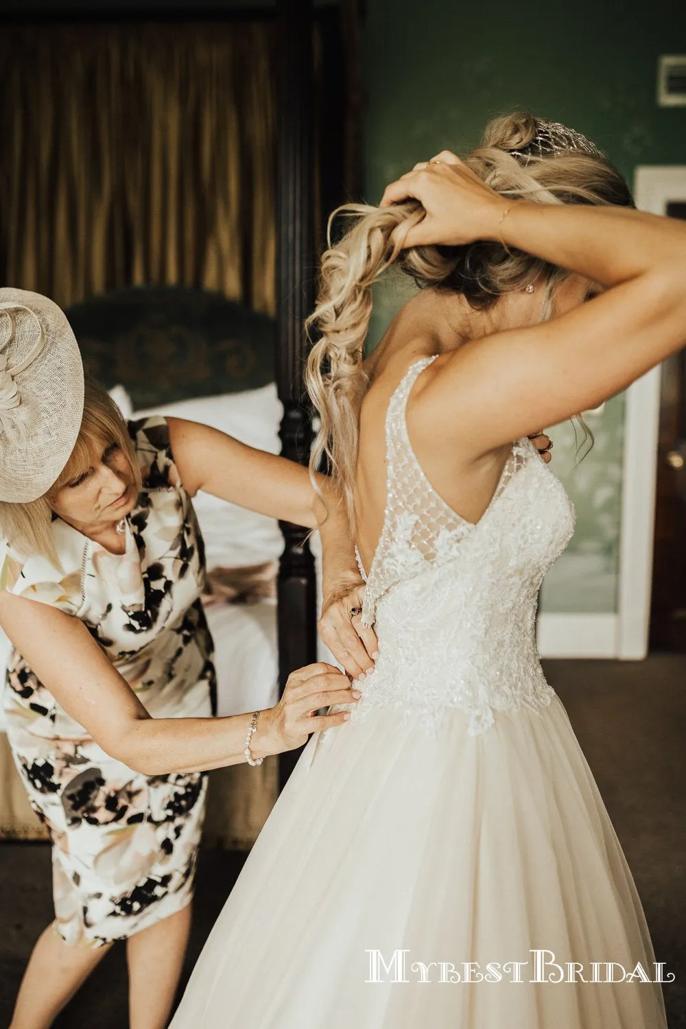 V-neck Sleeveless Long Cheap Tulle Wedding Dresses With Top Lace, TYP0013