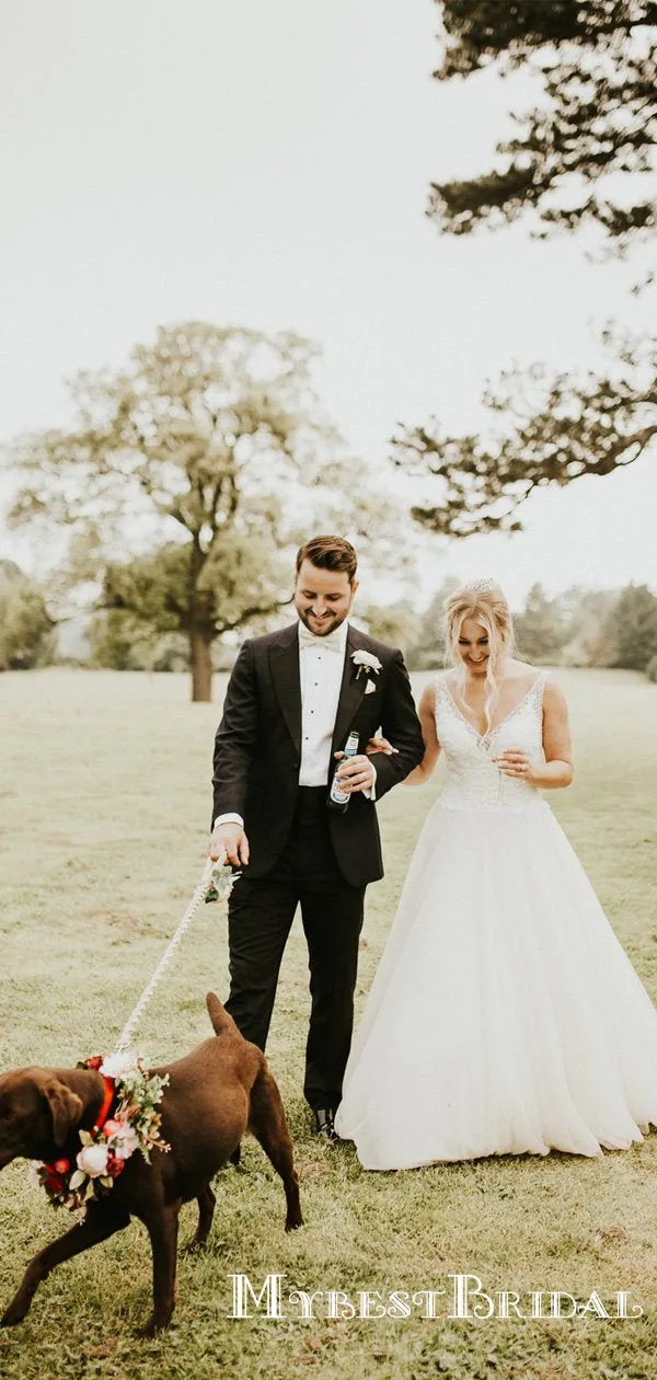 V-neck Sleeveless Long Cheap Tulle Wedding Dresses With Top Lace, TYP0013