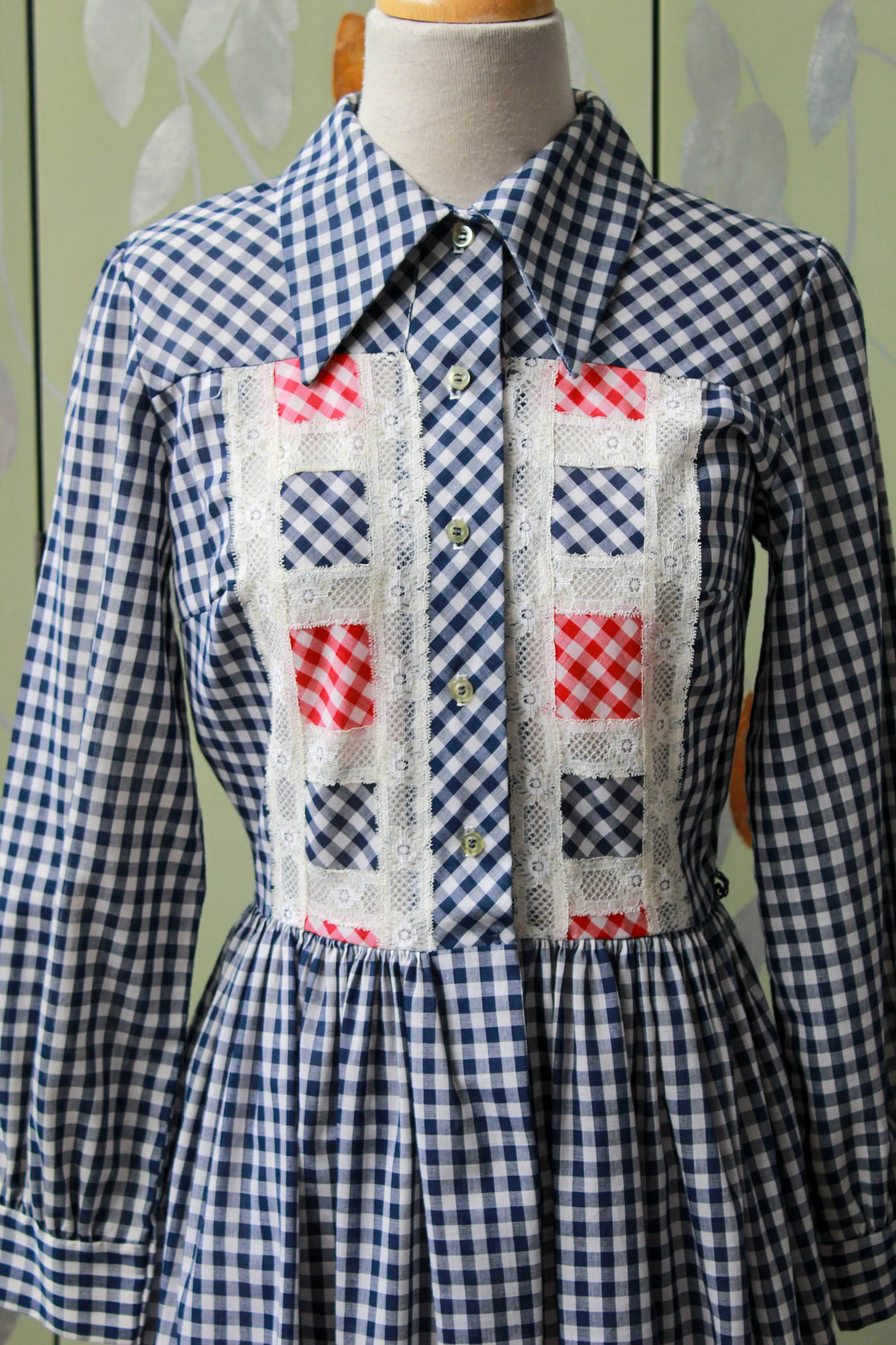 Vintage 1970s Blue Gingham Lace Dress, Small