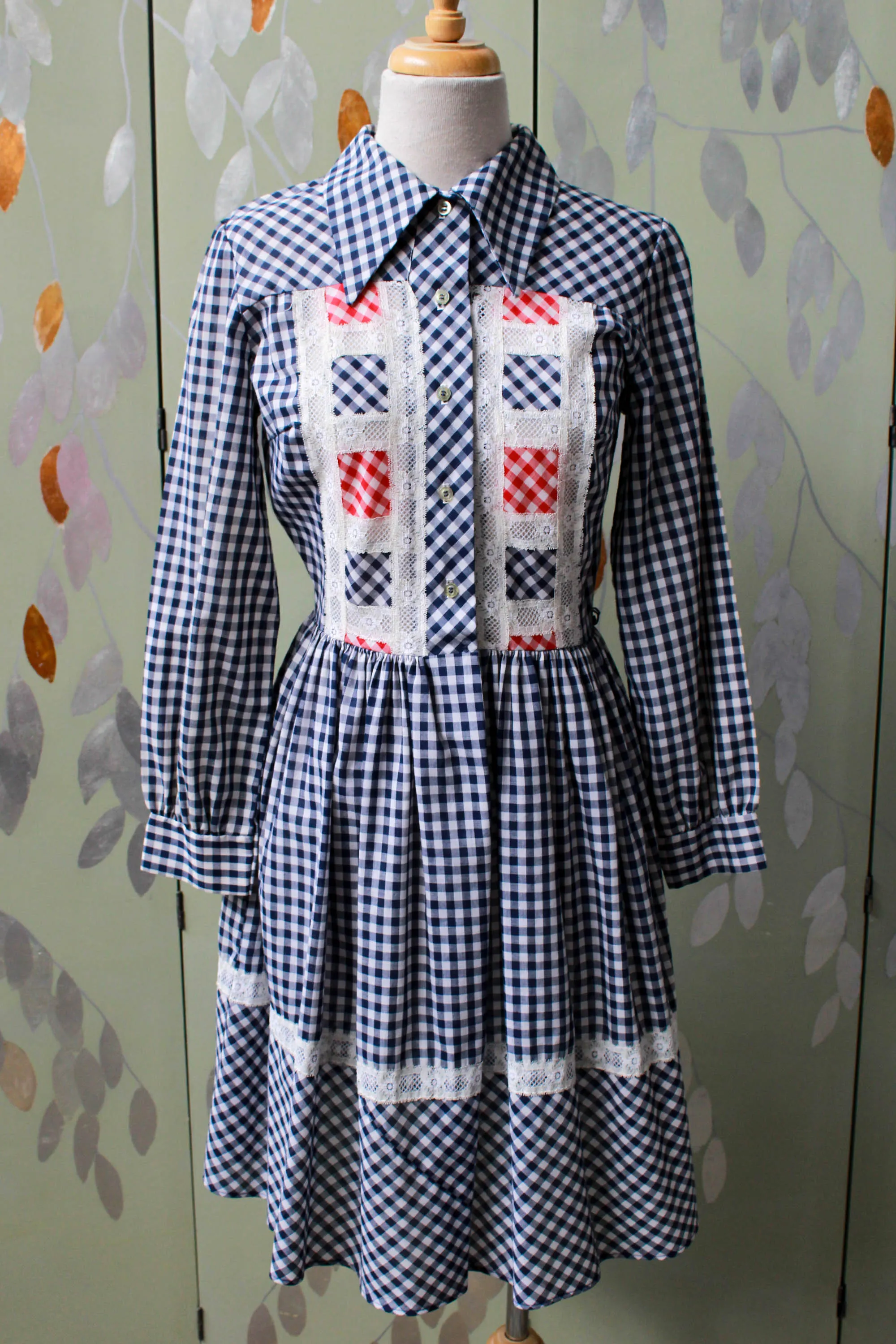 Vintage 1970s Blue Gingham Lace Dress, Small