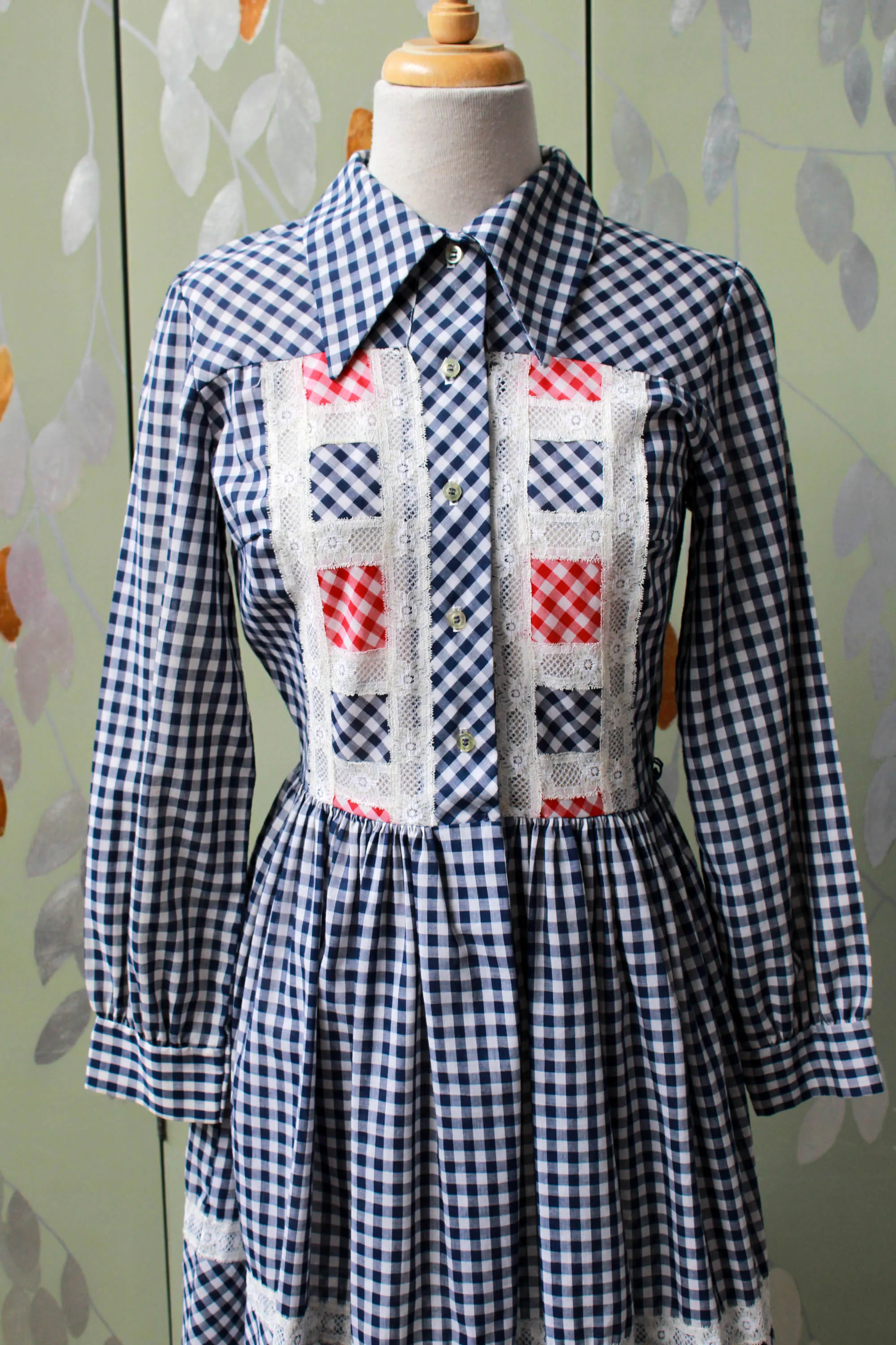 Vintage 1970s Blue Gingham Lace Dress, Small