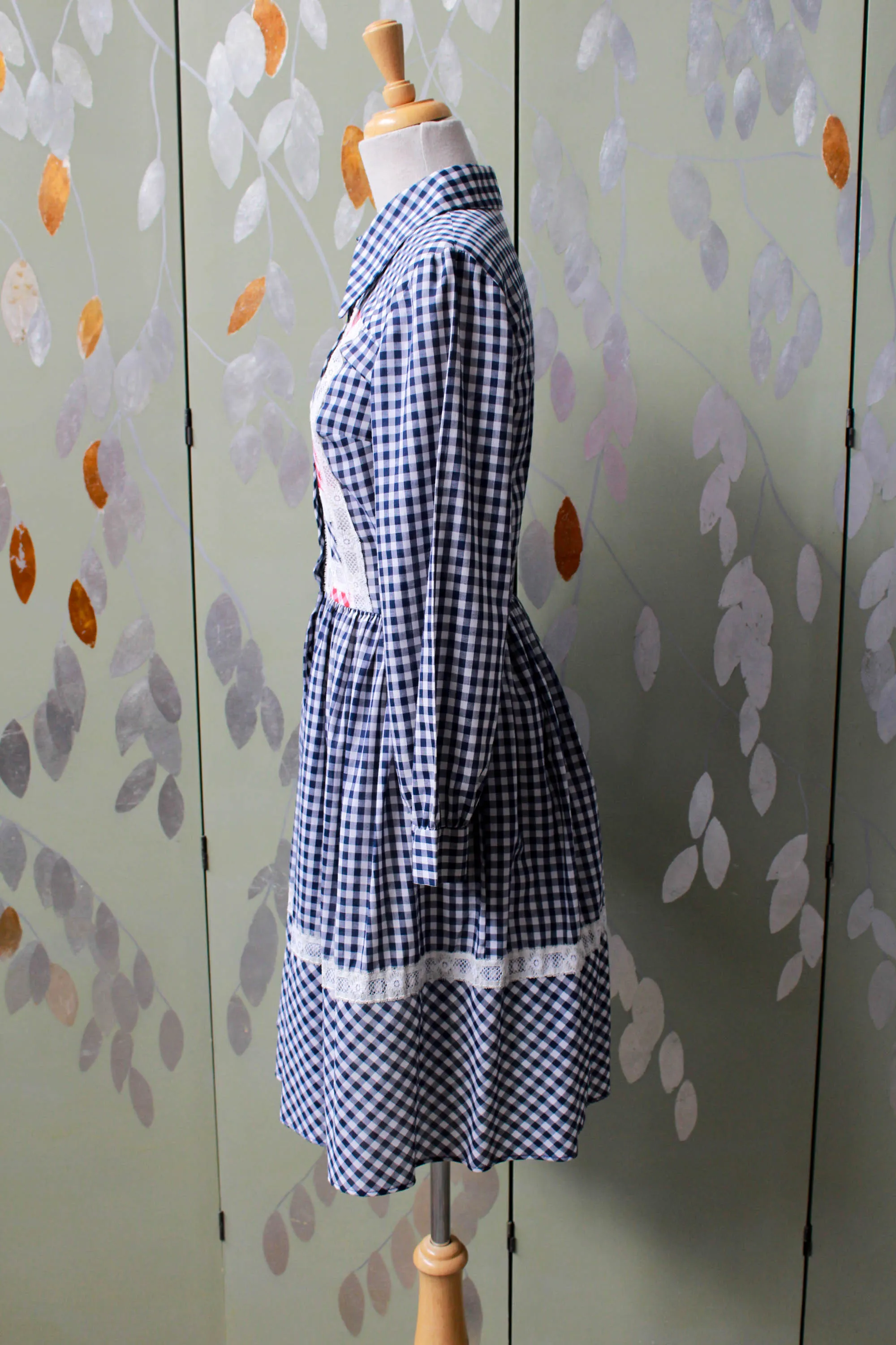 Vintage 1970s Blue Gingham Lace Dress, Small