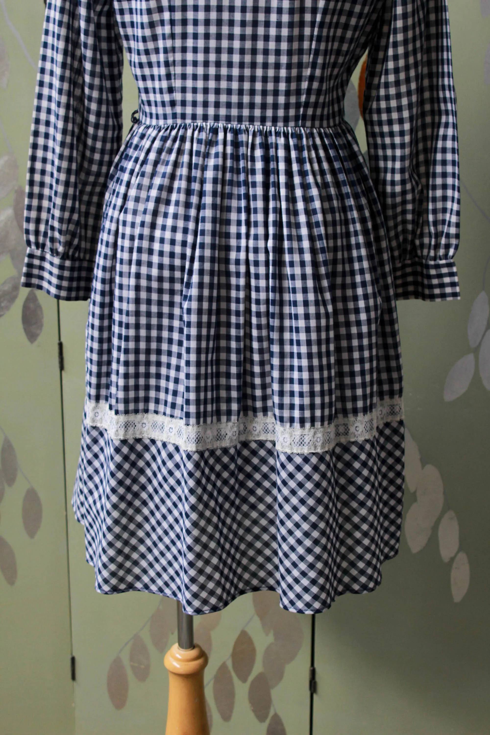 Vintage 1970s Blue Gingham Lace Dress, Small