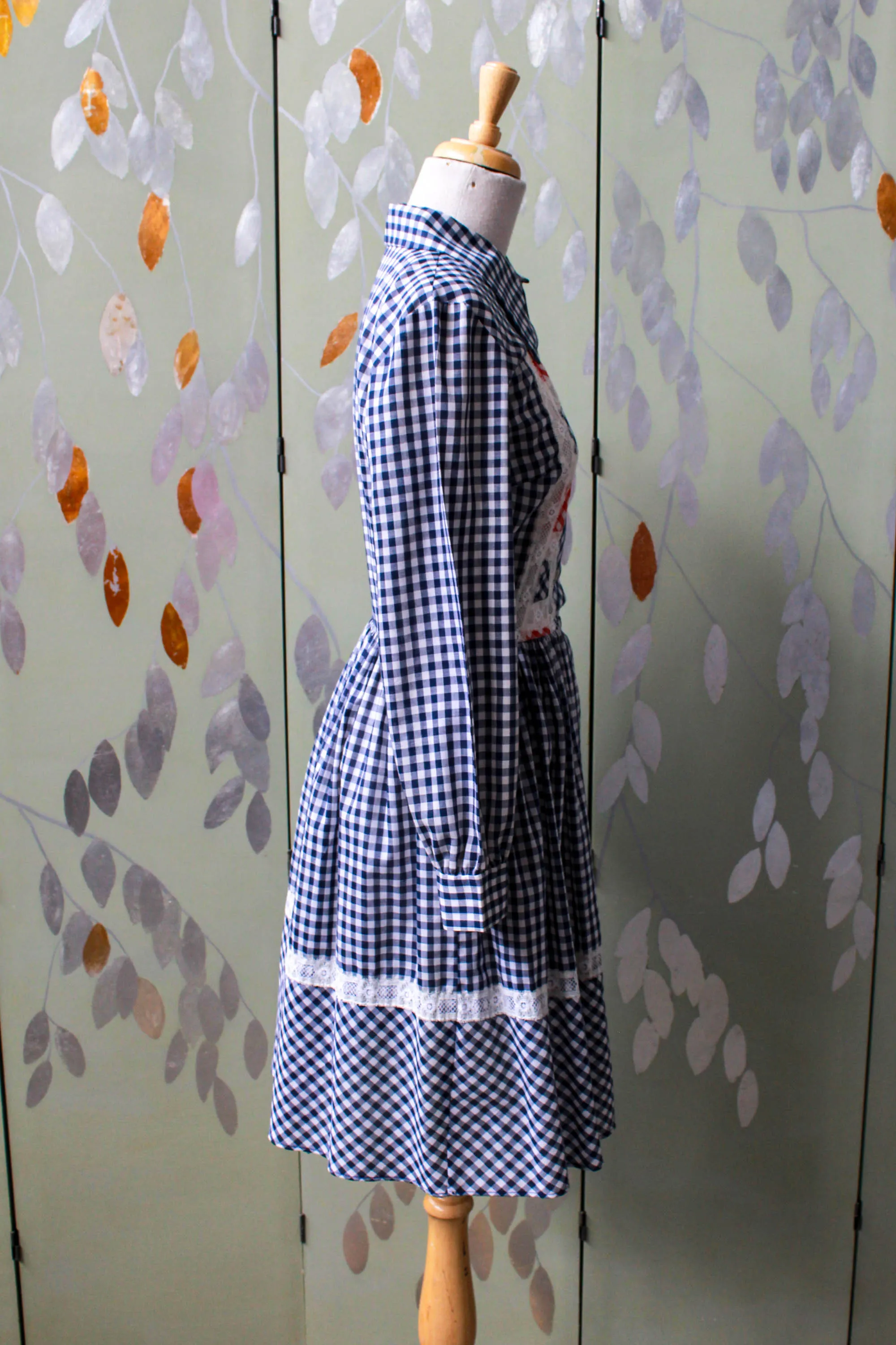 Vintage 1970s Blue Gingham Lace Dress, Small