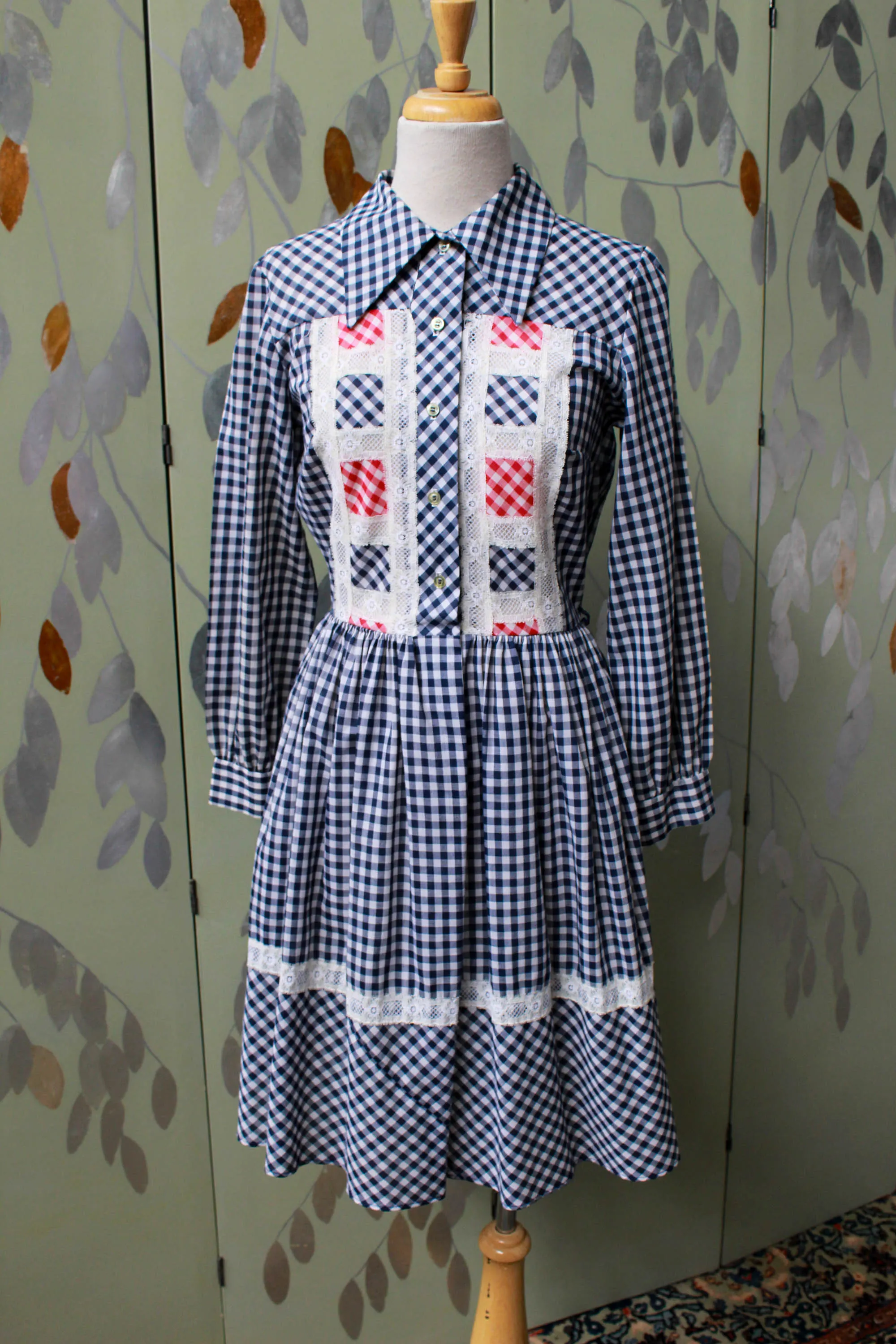 Vintage 1970s Blue Gingham Lace Dress, Small